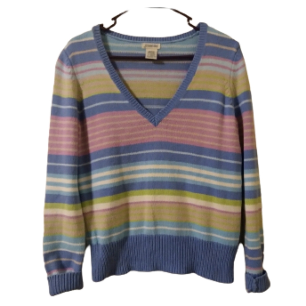 Y2K Striped Pastel Colored V-Neck Knit Sweater, Size: Medium.
